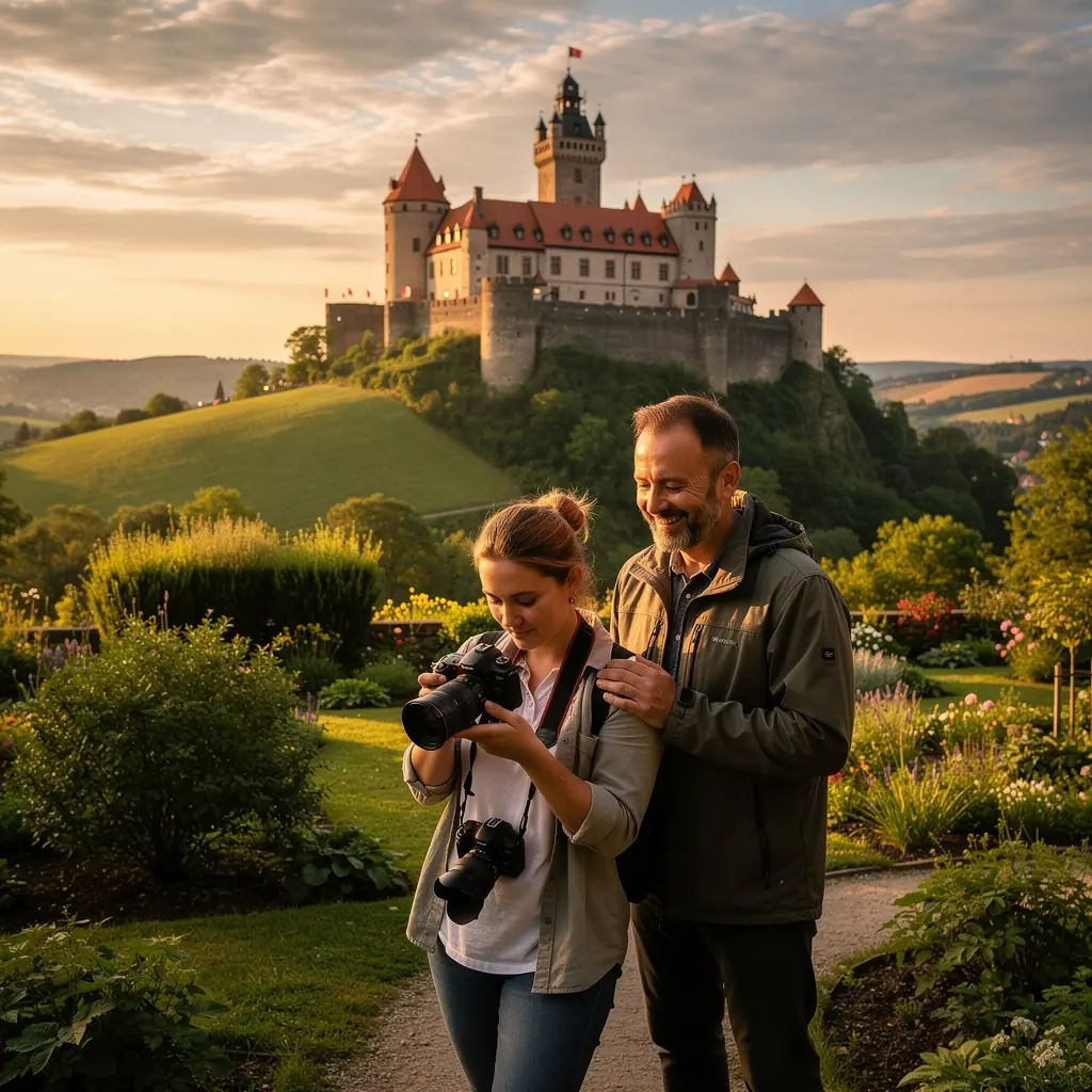 Rodina na výletě v přírodě, obklopena zelenými kopci a modrou oblohou.